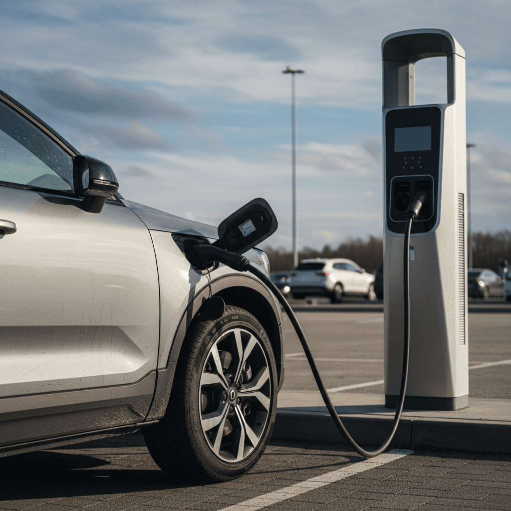 2024 Volvo EX30 charging at a busy DC fast charging station along a highway