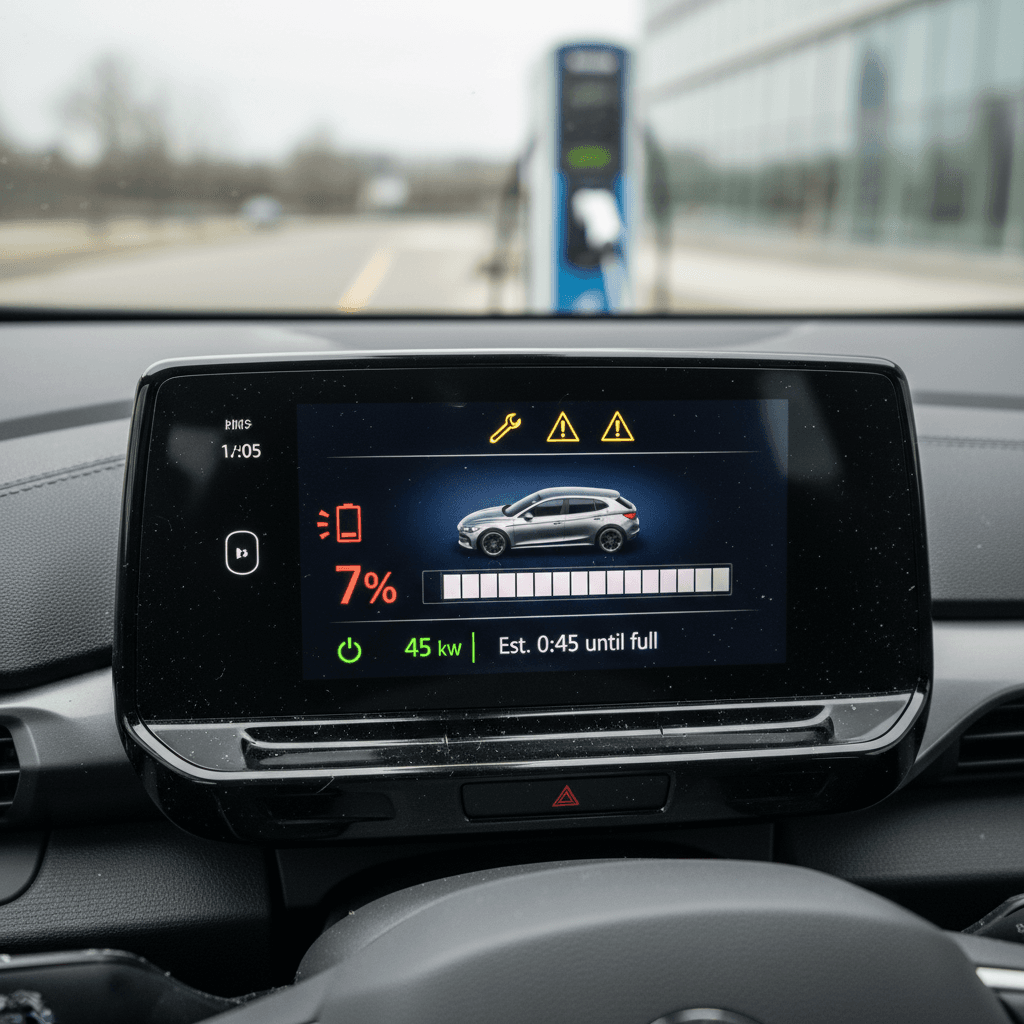 Volkswagen ID.4 digital instrument cluster showing range and warning icons while charging
