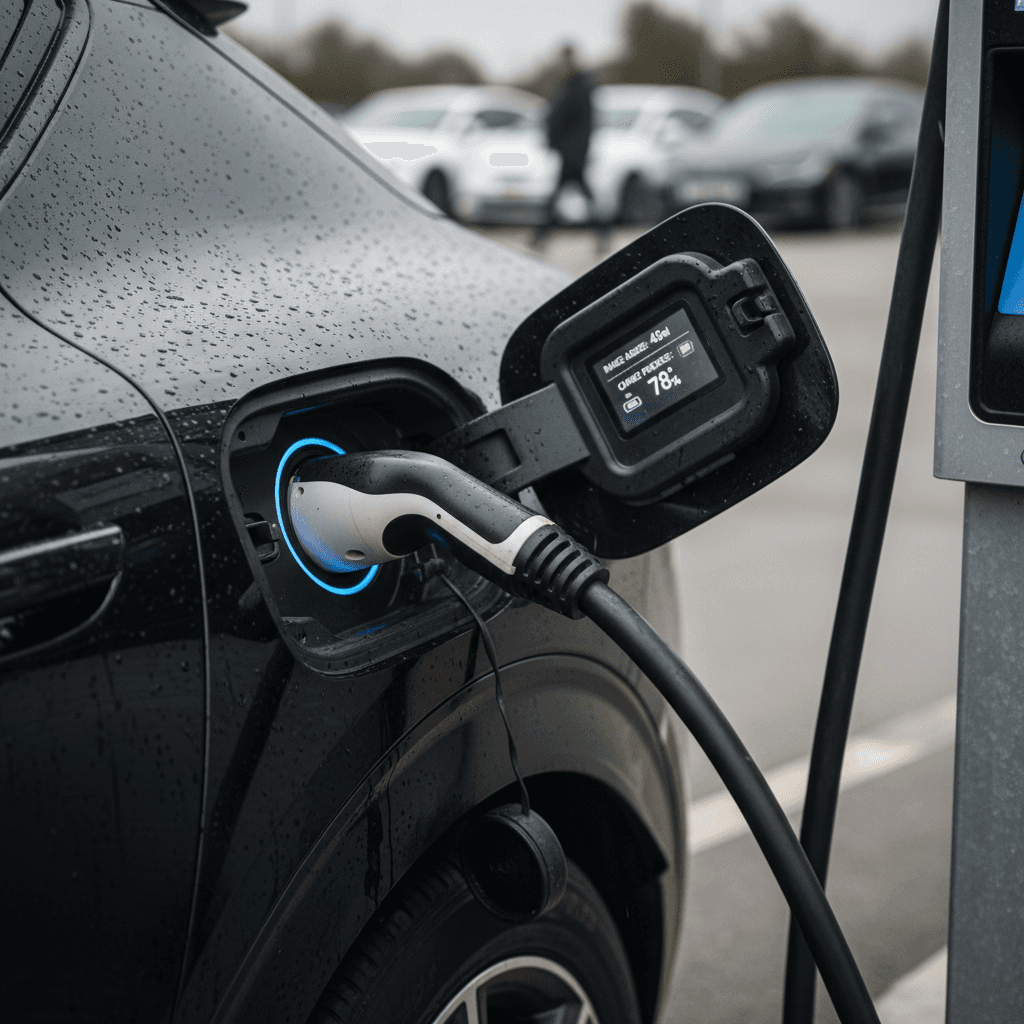 Close-up of a 2022 Kia EV6 plugged into a public DC fast charger with range shown on the driver display