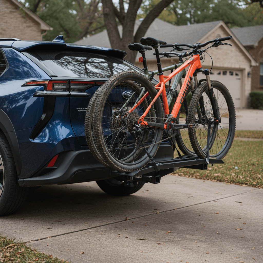 Subaru Solterra with a hitch-mounted bike rack loaded with two bikes in a driveway