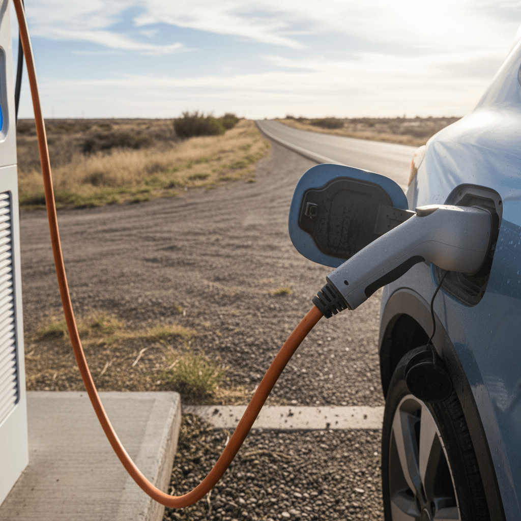 Roadside assistance truck providing mobile charging to a stranded electric car on the shoulder