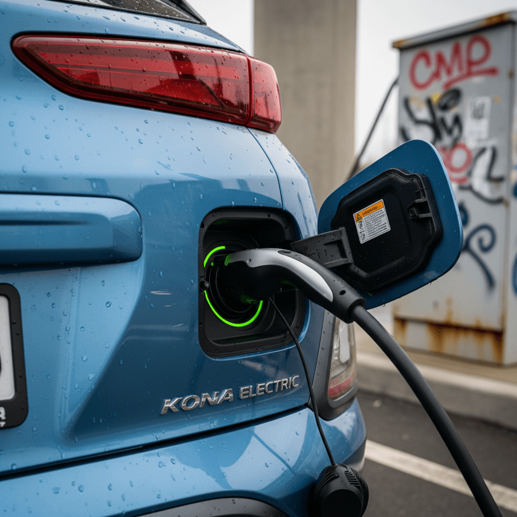 Close view of a 2021 Hyundai Kona Electric plugged into a fast charger, highlighting the charge port and rear badge.