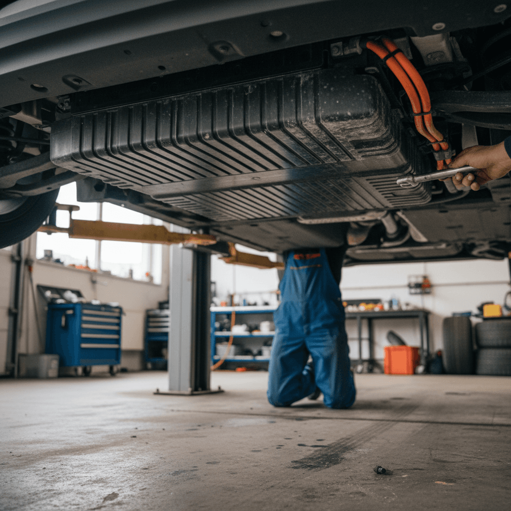 Technician inspecting the high-voltage battery pack of a Volvo EX30 on a lift