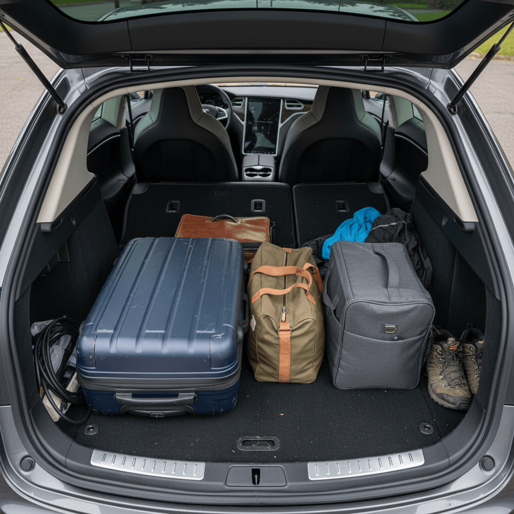 Tesla Model S rear cargo area with seats folded flat, showing luggage loaded from hatch to front seats