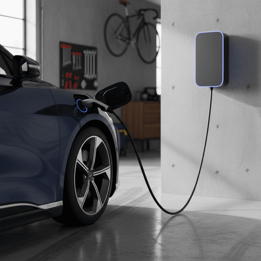 Lucid Air plugged into a home wall charger inside a modern residential garage