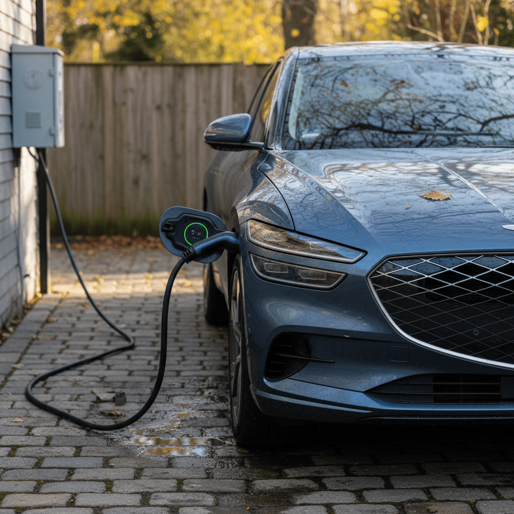 Genesis GV60 parked in a driveway and plugged into a home charger, highlighting its used EV appeal