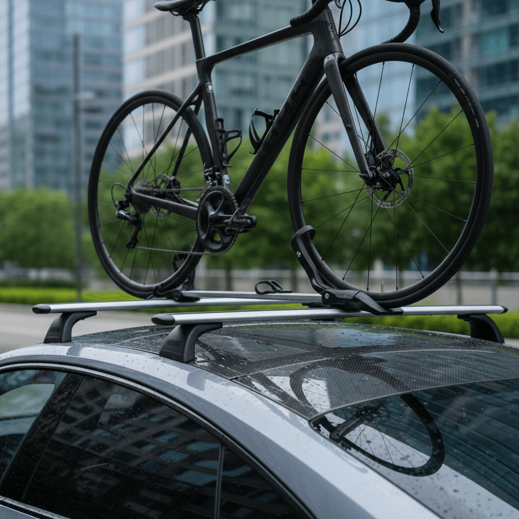 Bike mounted on a low-profile roof rack on an Audi e-tron GT, showing how it sits over the fastback roofline