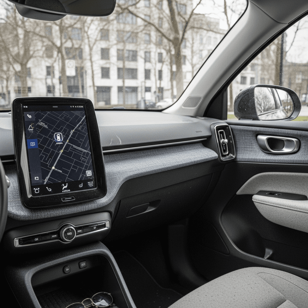 Minimalist Volvo EX30 interior with large central touchscreen and sustainable textiles