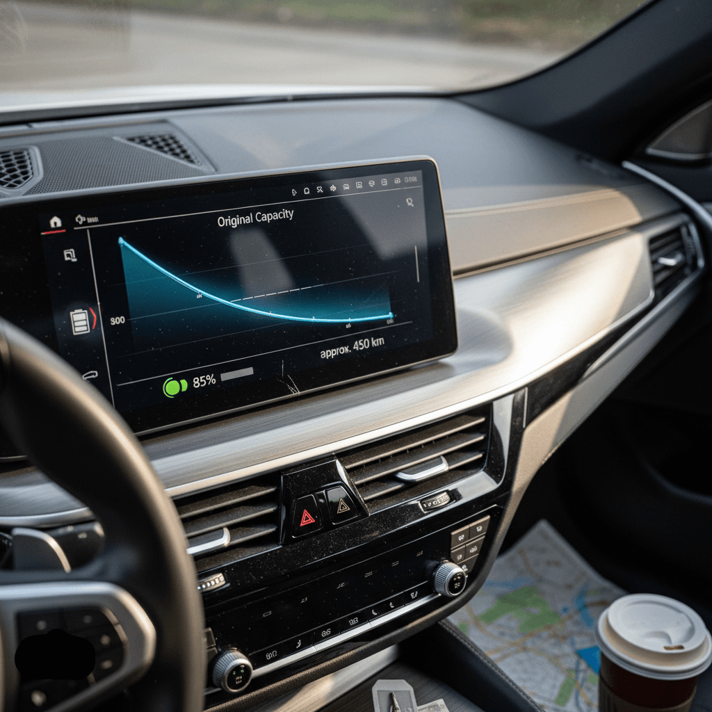Digital EV dashboard screen showing battery health and range information over time