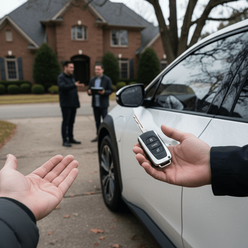 Toyota bZ4X owner handing keys to a buyer in front of a home, illustrating a used EV sale