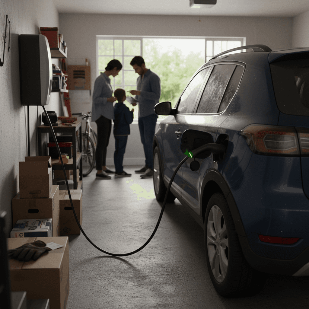 Family charging an electric vehicle in a home garage using a Level 2 charger