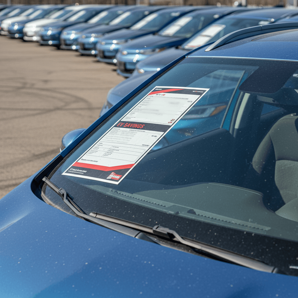 Several used Chevrolet Bolt EUVs parked on a dealer lot with visible price stickers, illustrating a range of asking prices in the used EV market.