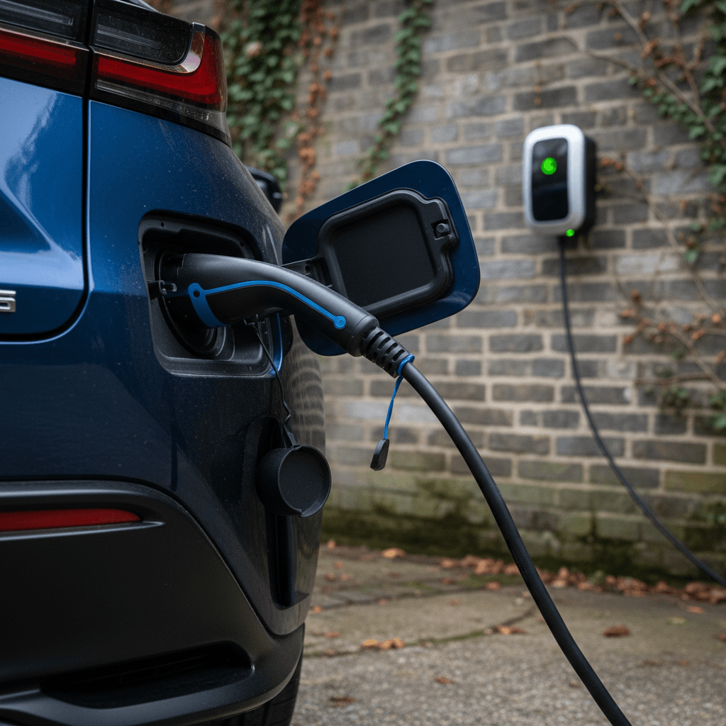 Lexus RZ 450e plugged into a home charger, showing battery charging status on the dash and charger display