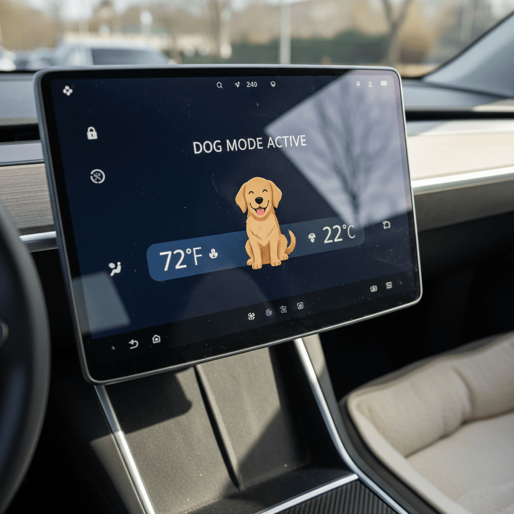 Electric car infotainment screen showing Dog Mode active with temperature readout and cartoon dog graphic