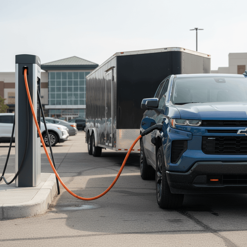 Chevrolet Silverado EV towing an enclosed trailer while plugged into a DC fast charger