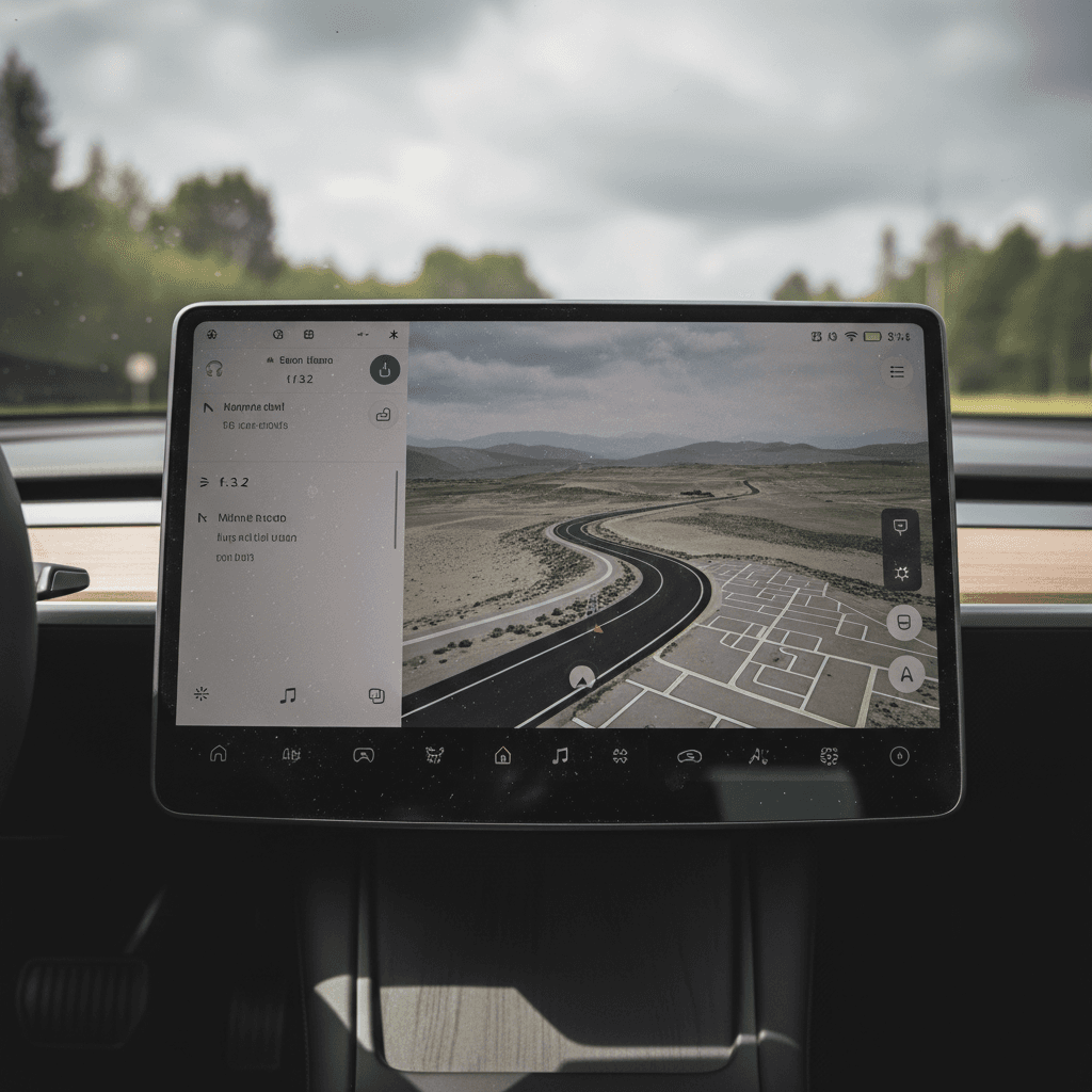 Tesla Model 3 interior showing steering wheel and large center touchscreen