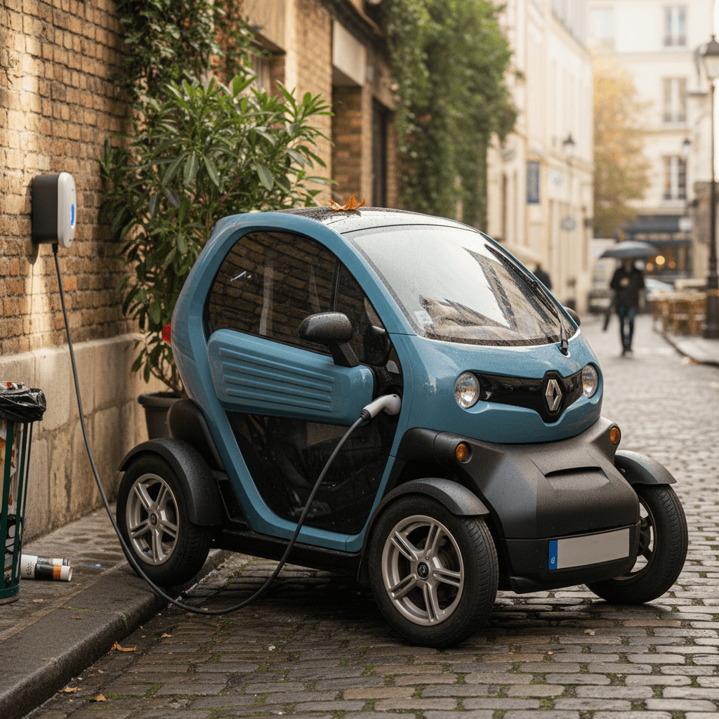 Compact electric car parallel parked on a tight city street