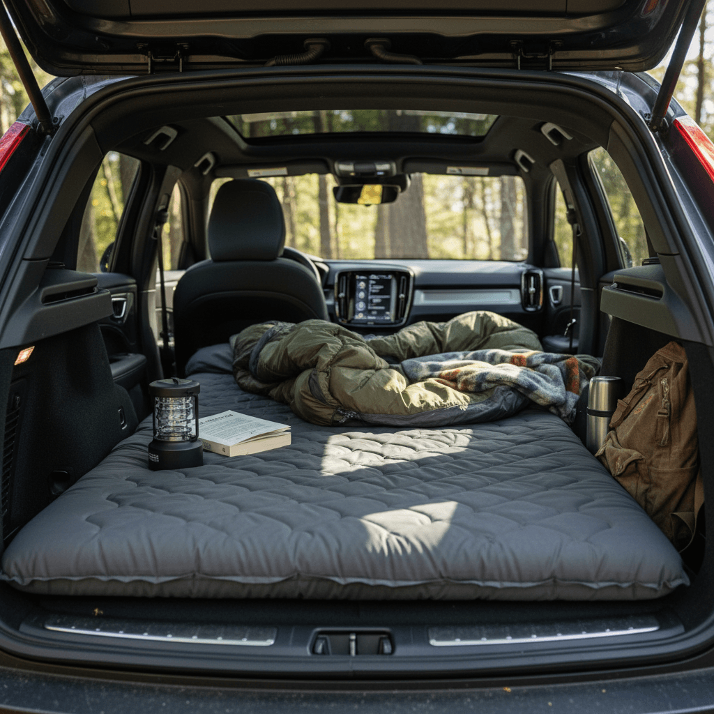Volvo C40 Recharge cargo area with rear seats folded flat and a camping mattress laid out for sleeping