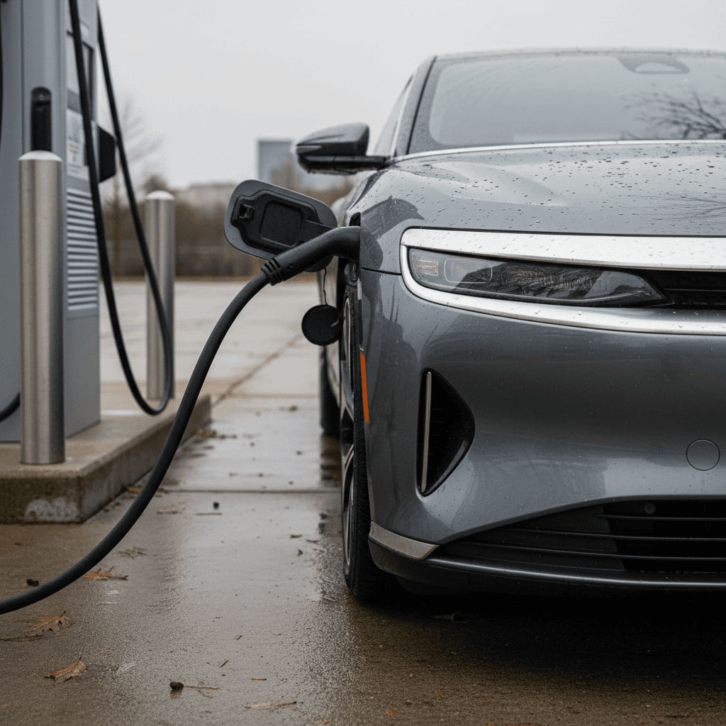 Lucid Air electric sedan connected to a DC fast charging station with cable plugged into front fender port