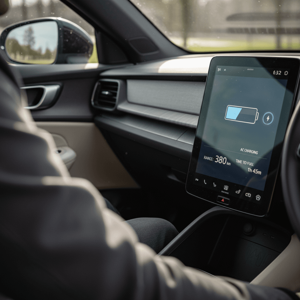 Driver using the Polestar 2 center touchscreen to view charging and range information as part of a battery health check
