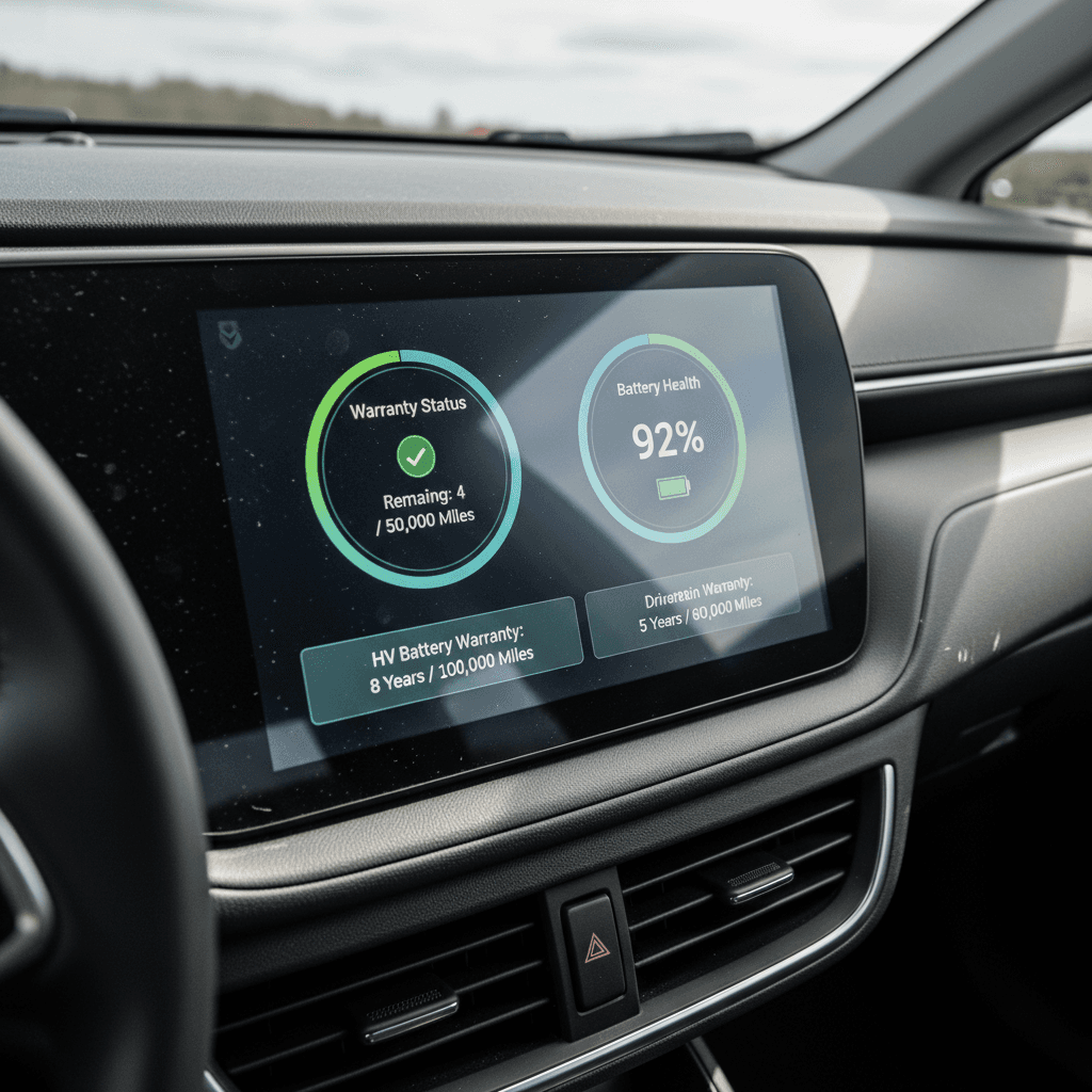 Electric vehicle interior with center screen displaying warranty and battery health information