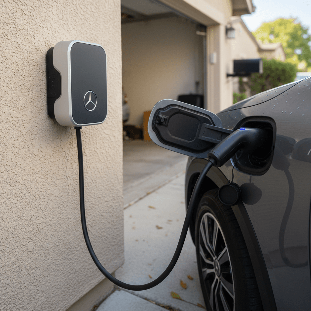 Wall-mounted Level 2 charger plugged into a Mercedes EQB charge port in a residential driveway