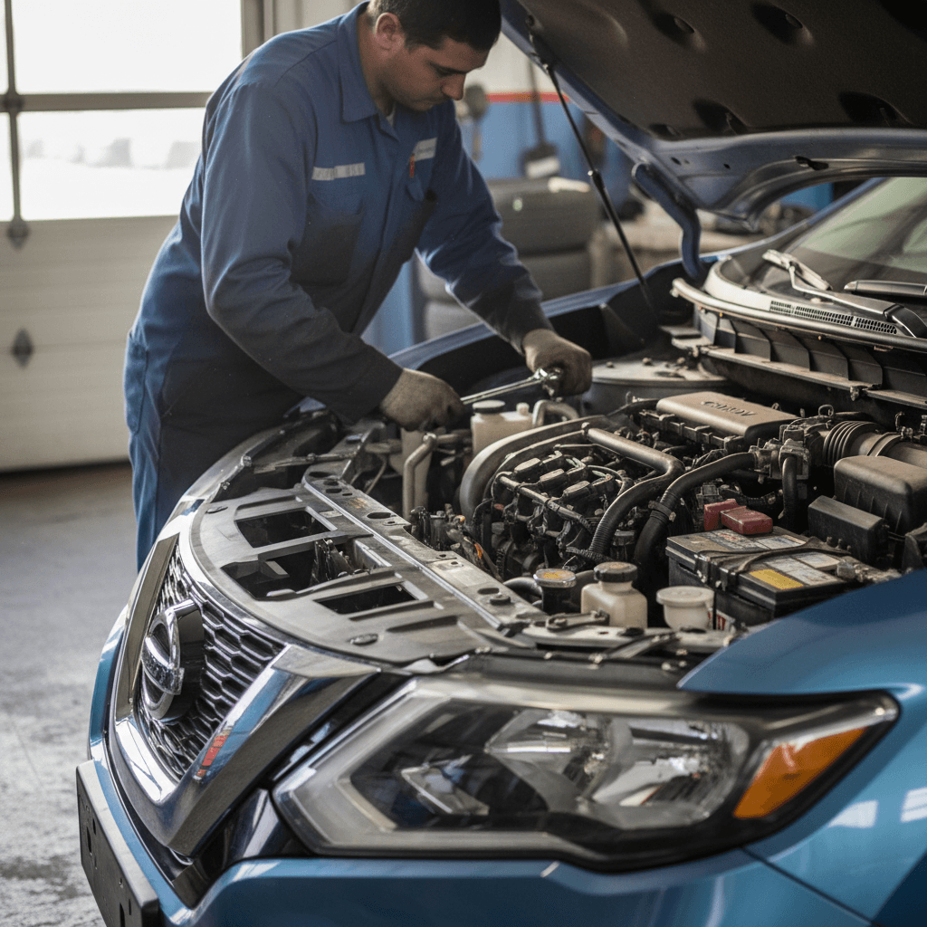 Mechanic inspecting the engine bay of a crossover SUV on a lift