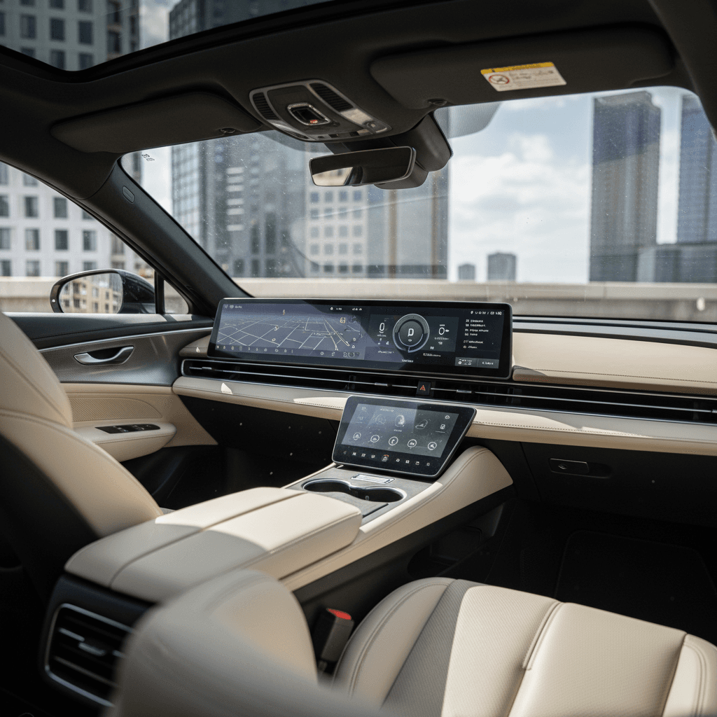 Interior of a 2024 Lucid Air showing its widescreen displays and spacious front seats