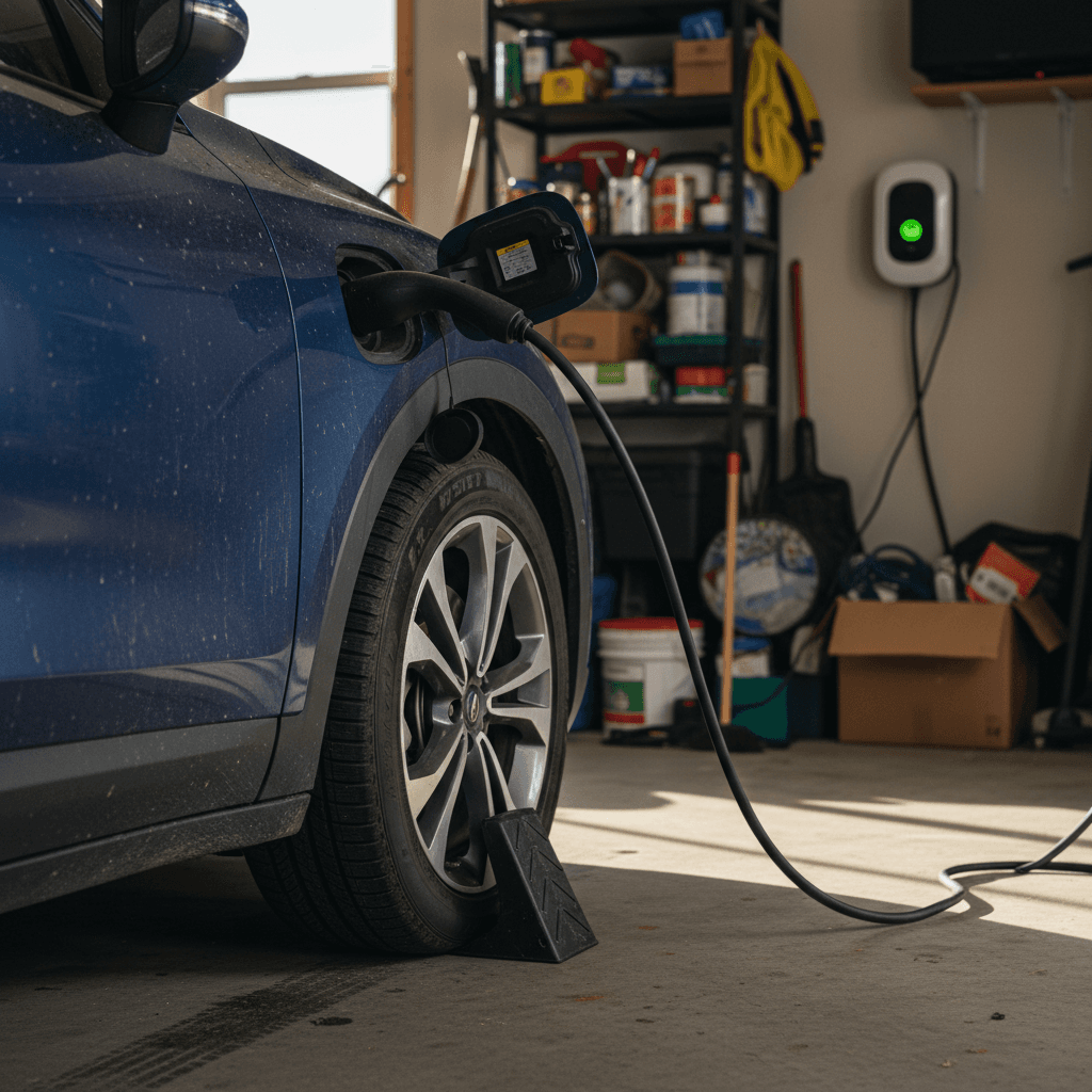 Electric car parked in a home garage with wheel chocks, slightly dusty, and a wall-mounted charger visible in the background