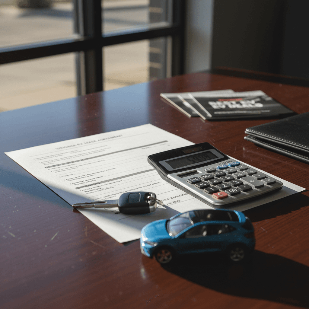 Electric vehicle lease contract on a dealership desk beside calculator and key fob, illustrating how to evaluate 2026 EV lease deals in Virginia