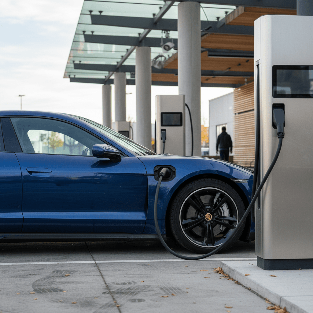 Side view of a 2023 Porsche Taycan plugged into a DC fast charger at a modern station