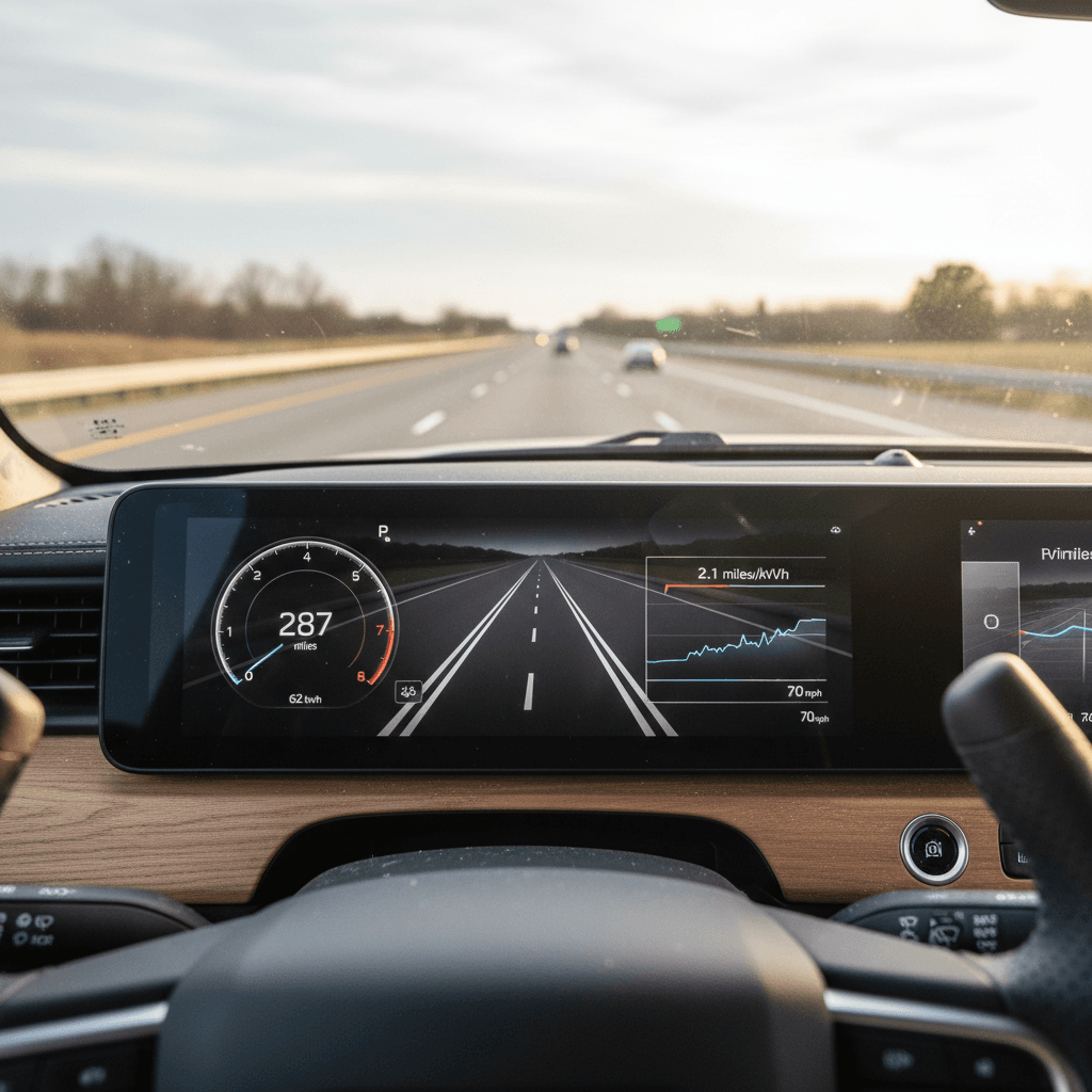 Rivian R1T digital dash showing state of charge, estimated remaining range, and recent energy consumption graph during a highway drive