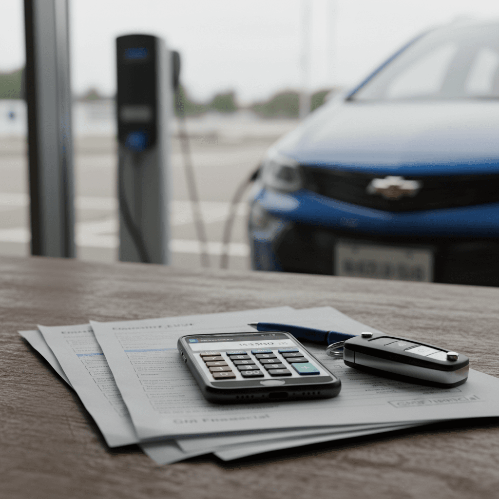 Person using a smartphone and calculator to compare monthly payments on a used Chevrolet Bolt EUV