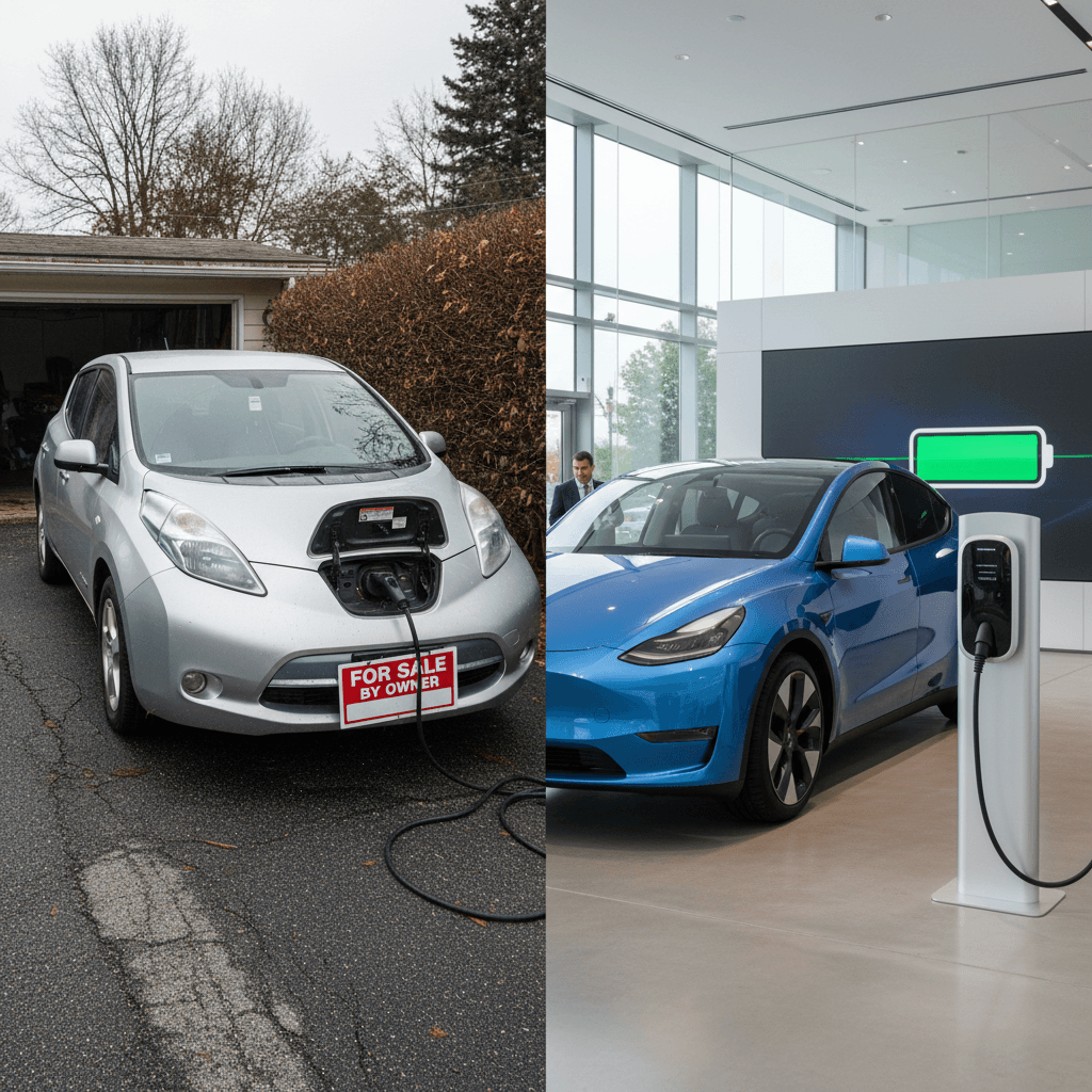 Side-by-side comparison of a used EV sold privately and the same model in a professional showroom, highlighting the difference in transparency and support.