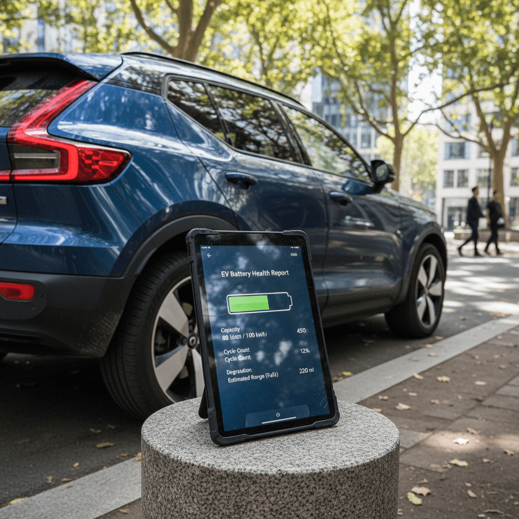 Tablet displaying an EV battery health report next to a clean Volvo C40 Recharge parked in a driveway