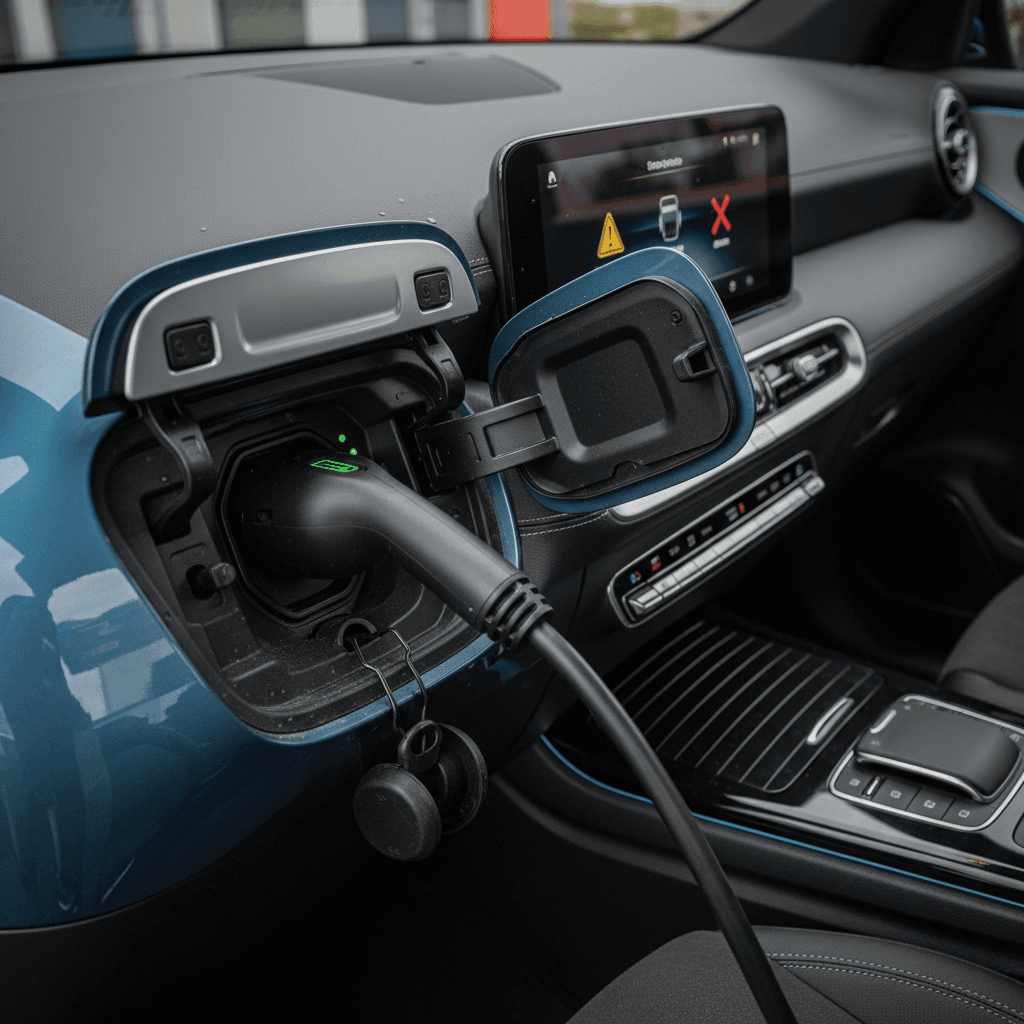 Mercedes EQB plugged in and charging with a battery warning message on the center touchscreen