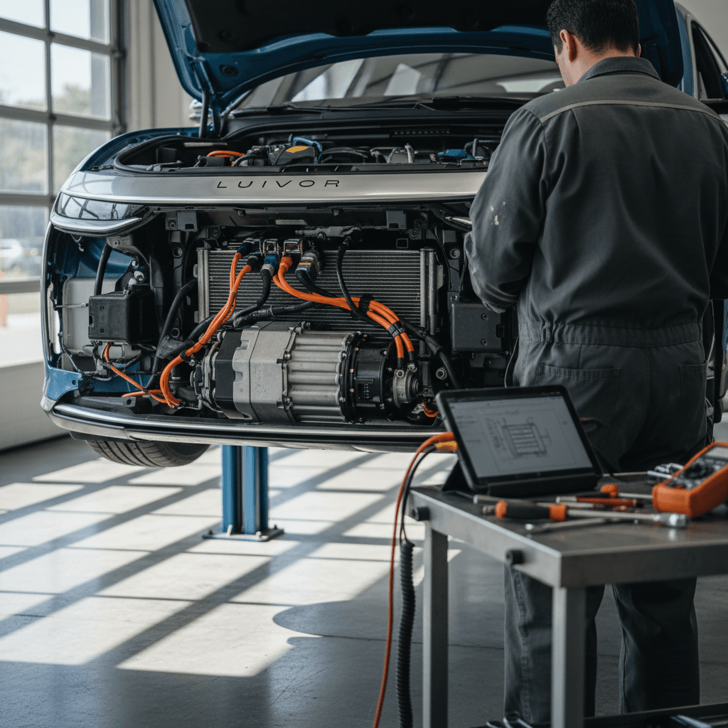 Technician inspecting the front drive unit area and high-voltage components on a Lucid Air in a service bay