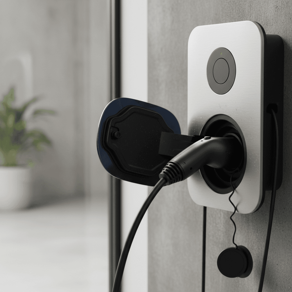 Close-up view of a Mercedes EQB plugged into a home Level 2 wallbox charger