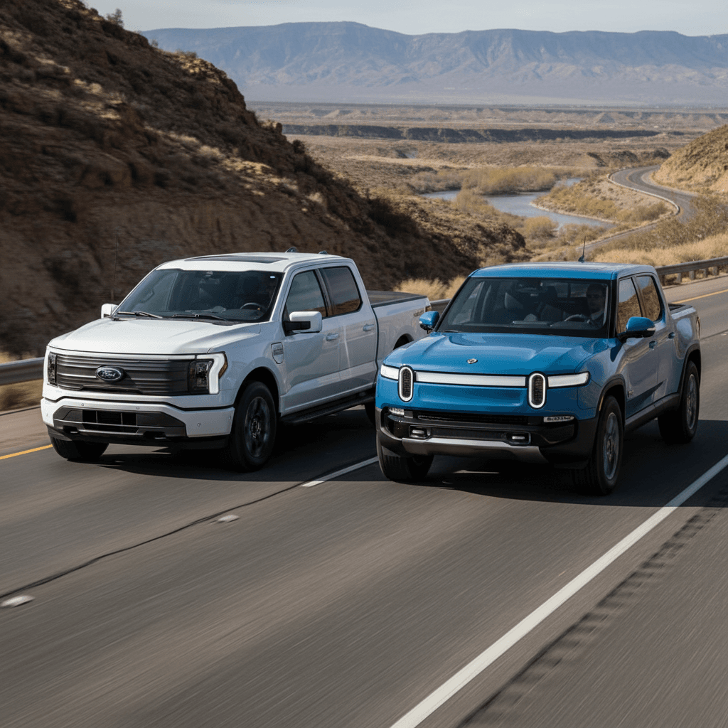 Ford F-150 Lightning and Rivian R1T driving side by side on a divided highway, showing their different sizes and styling