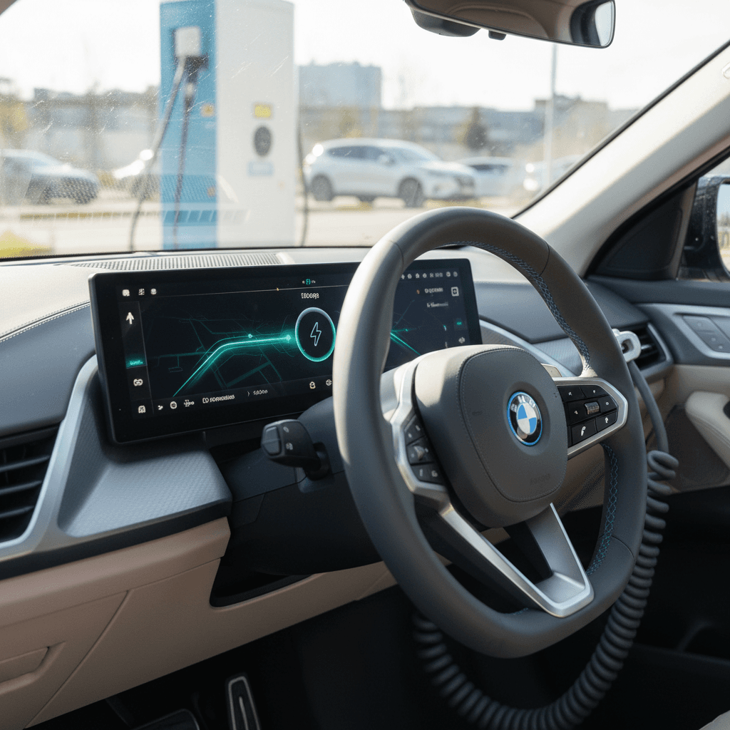 Interior of a 2026 BMW Neue Klasse iX3 showing panoramic dashboard display while the EV charges