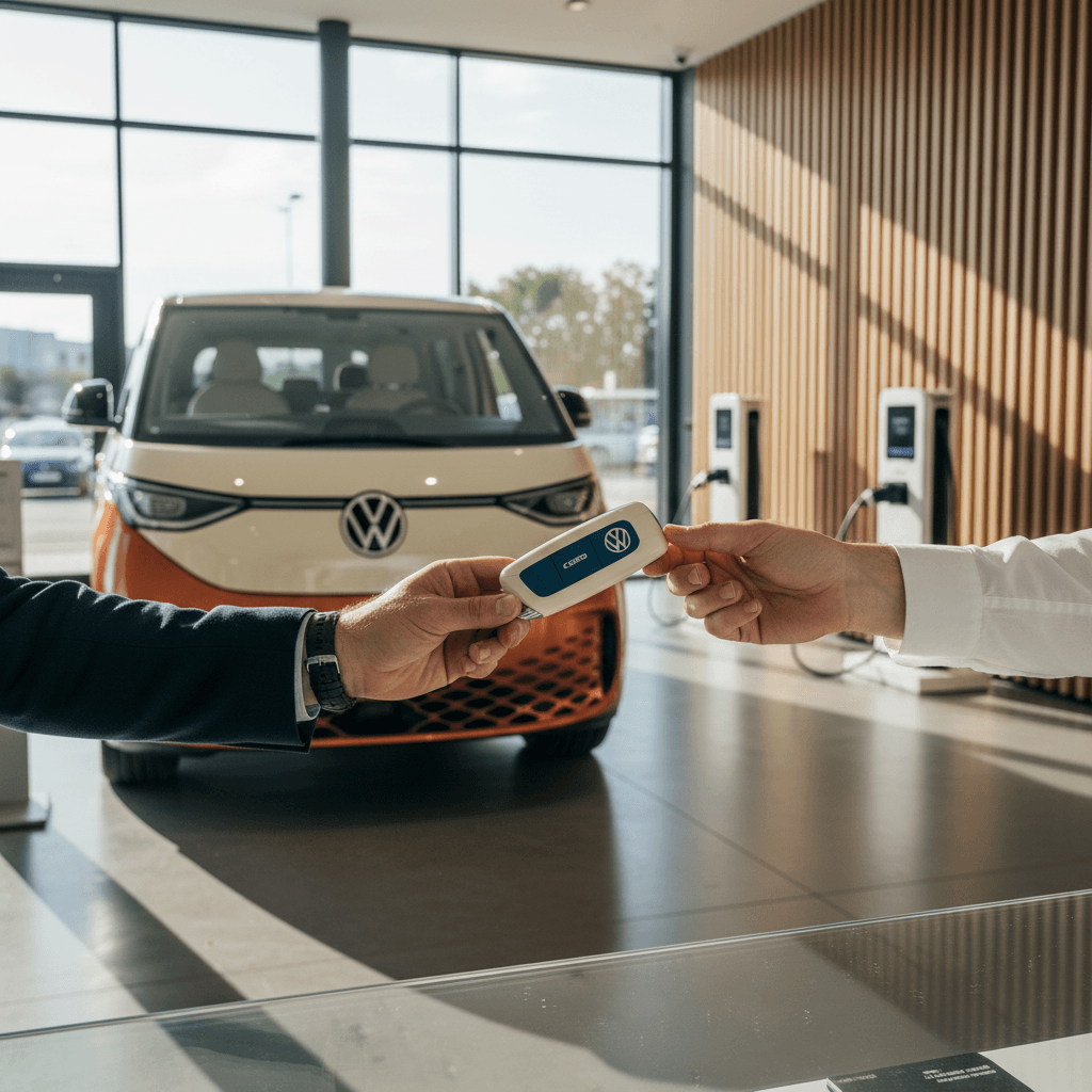 Seller handing keys of a yellow Volkswagen ID. Buzz to a buyer at a dealership with EV chargers in the background