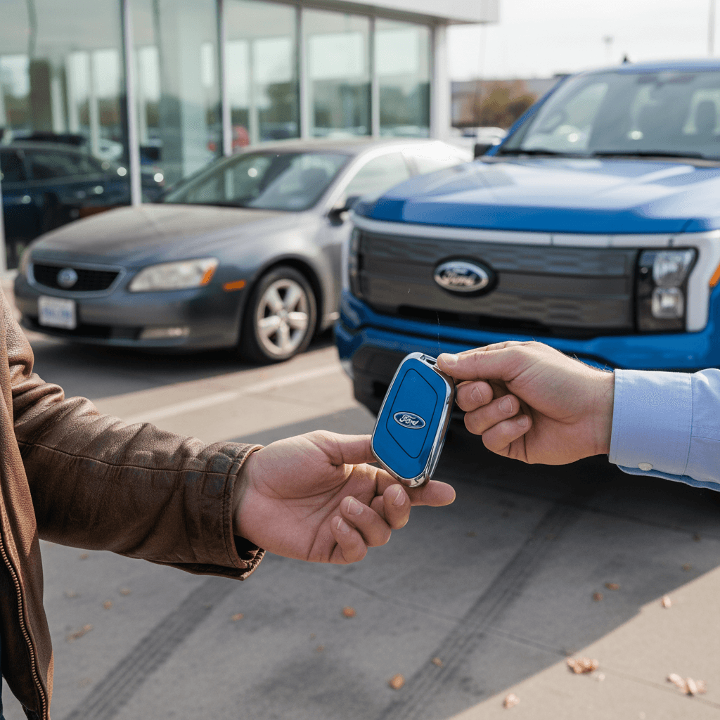 Seller and buyer completing paperwork next to a blue Ford F-150 Lightning electric pickup truck