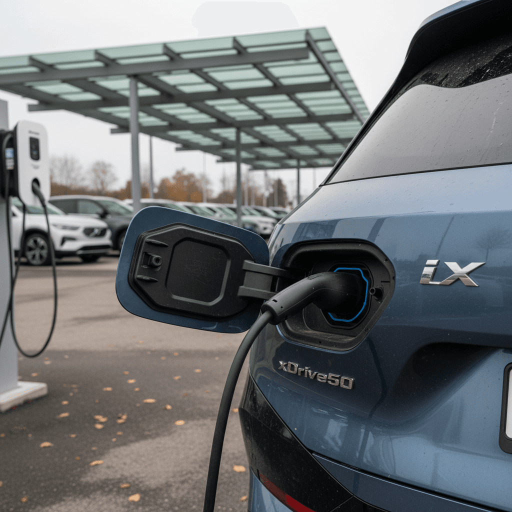 Rear view of a 2023 BMW iX plugged in and charging, highlighting the importance of battery health for resale value
