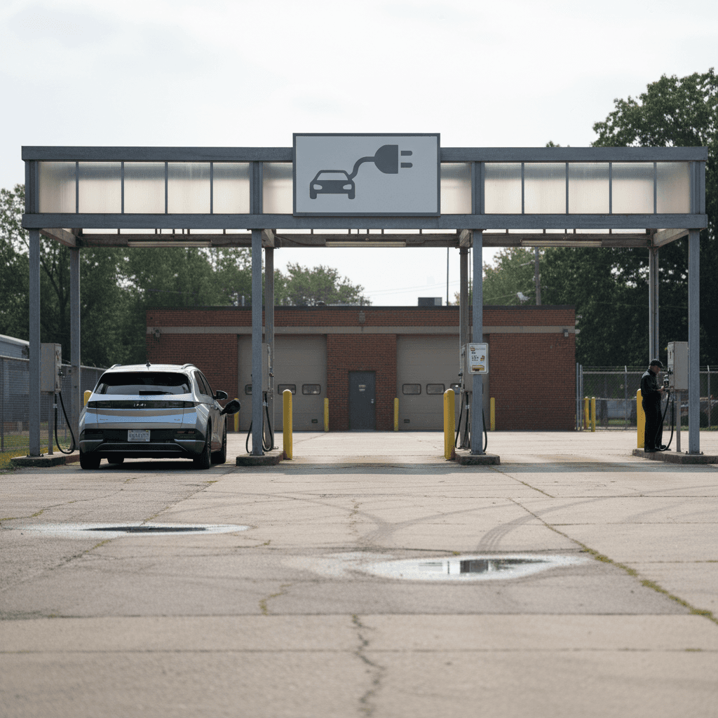 Ohio E-Check station entrance with multiple testing lanes and a modern electric vehicle approaching