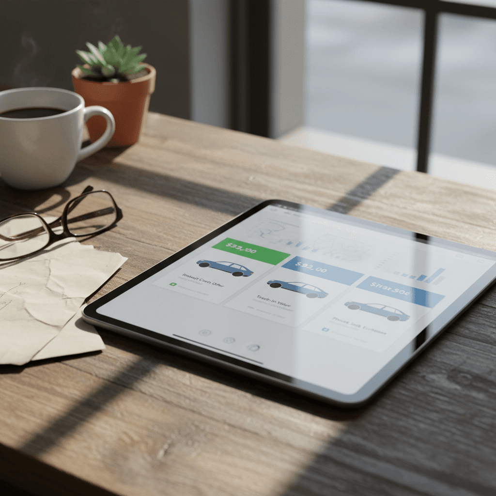 Tablet showing multiple online sale offers for a used Mercedes EQE, highlighting an EV marketplace option