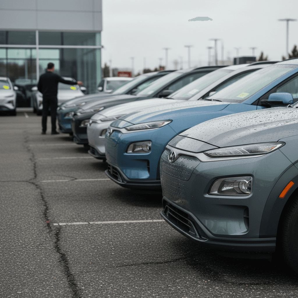 Used Hyundai Kona Electric SUVs lined up on a lot, highlighting different colors and trims