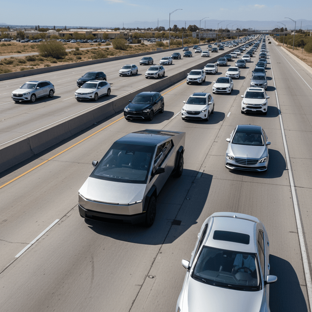 Tesla Cybertruck cruising on a busy multi-lane highway among other vehicles