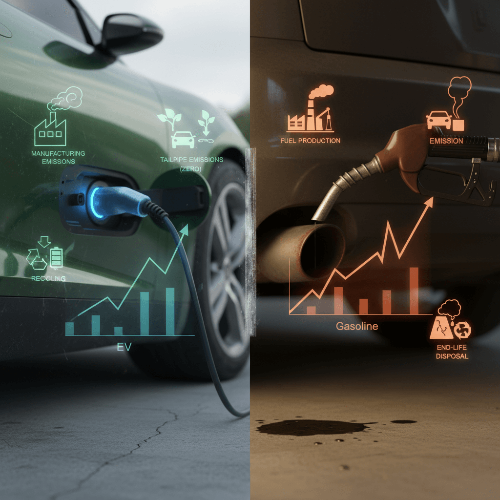 Illustration comparing lifetime emissions of an electric car versus a gasoline car from manufacturing through driving and end of life
