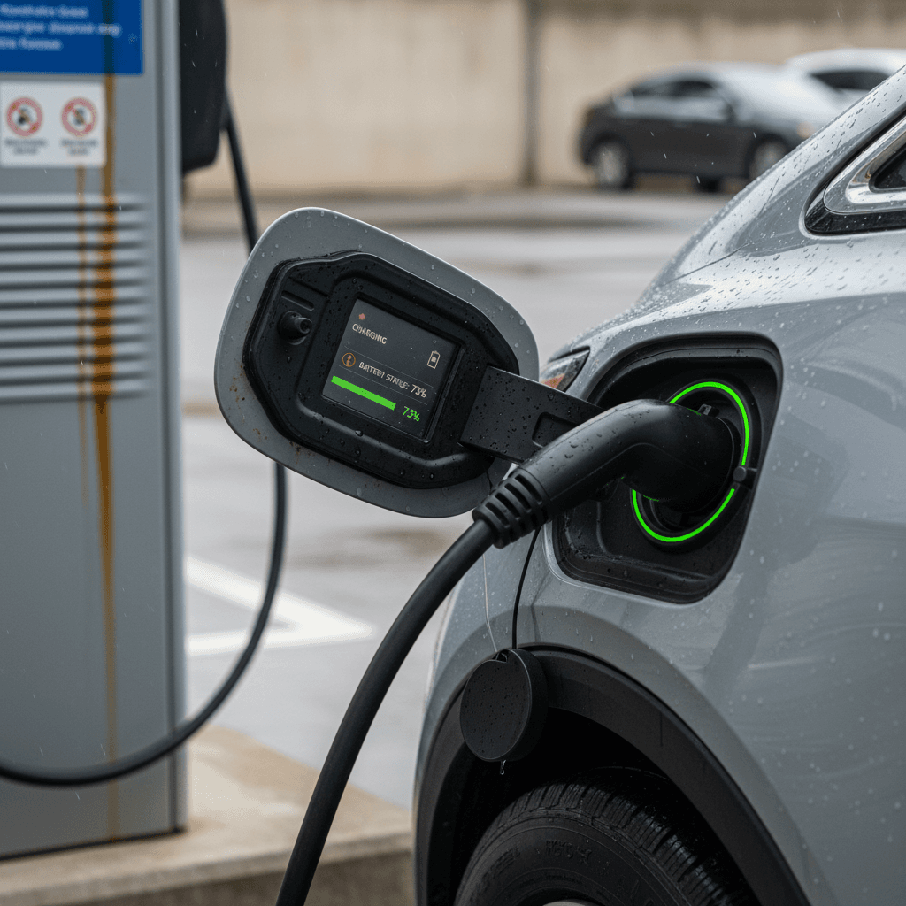 Close-up of a 2021 Chevrolet Bolt EV charging port connected to a public Level 2 charger, with the dashboard showing battery status.