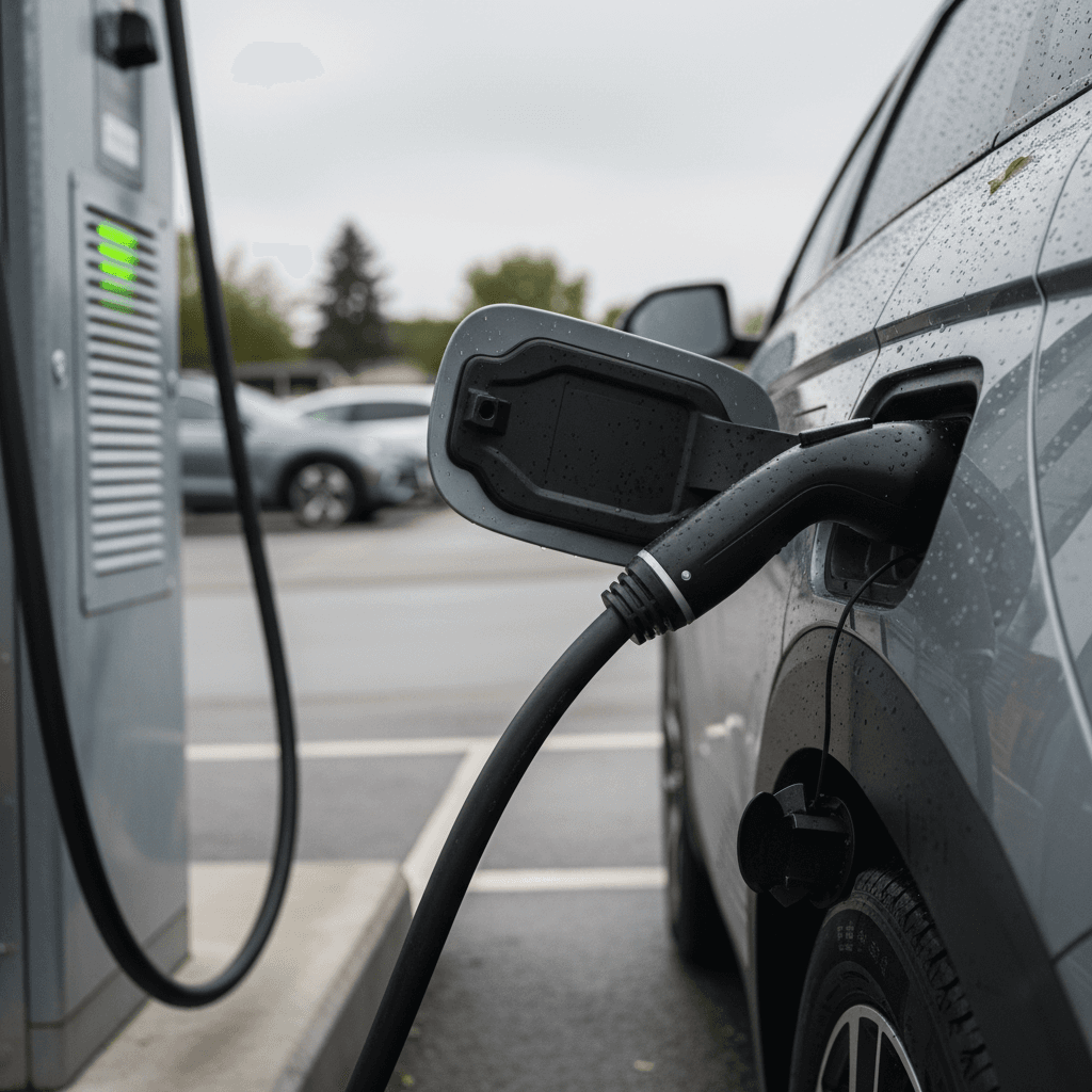 A 2026 Hyundai Ioniq 5 connected to a public DC fast charger, highlighting the charge port and cable.